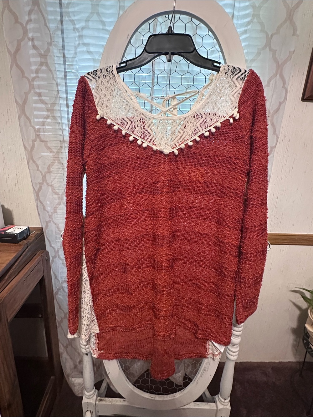 A'Reve Rust Knit Scoop Sweater with White Lace Yoke